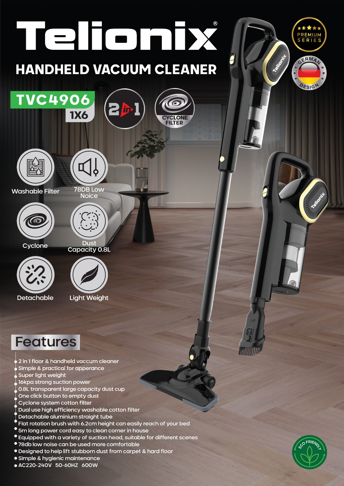 جاروبرقی  ایستاده پرتابل ایستاده 600 وات تلیونیکس مدل 4906