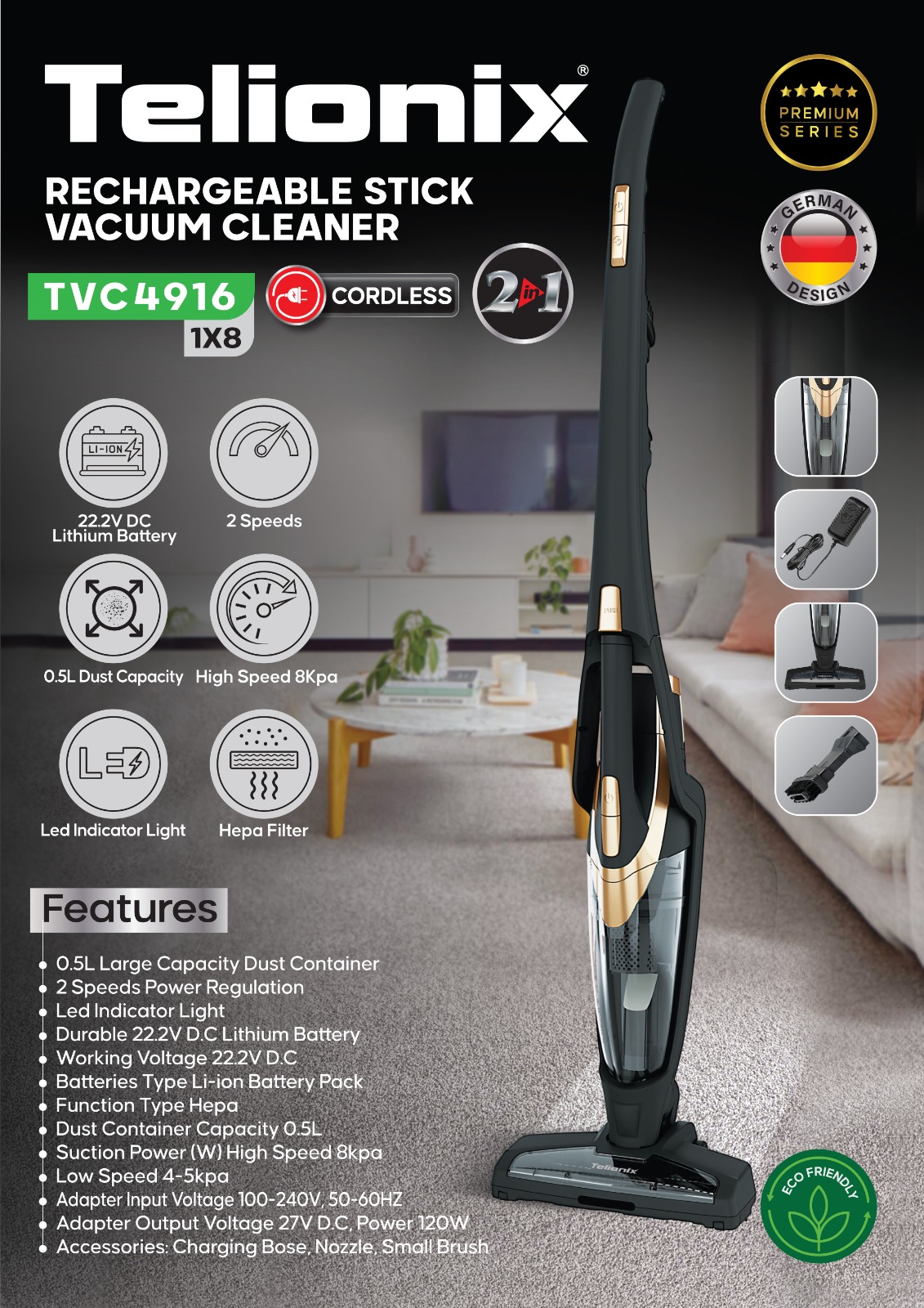 جاروشارژی ایستاده و دستی تلیونیکس Telionix مدل TVC 4916 1 جاروشارژی ایستاده و دستی تلیونیکس Telionix مدل TVC 4916